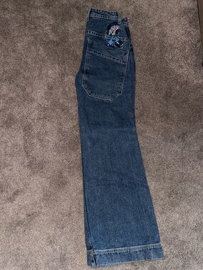 JNCO Dark Blue Wide Leg Jeans with Embroidered Cartoon Patch